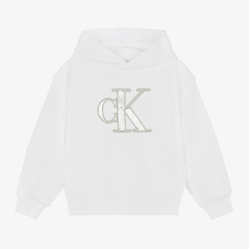 Calvin Klein-Girls White Cotton Monogram Hoodie | Childrensalon
