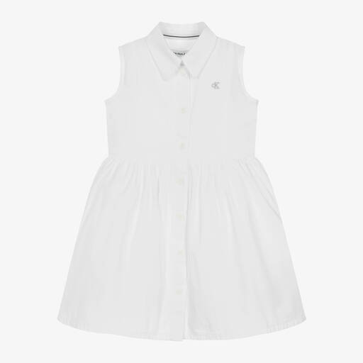 Calvin Klein- فستان قميص قطن لون أبيض للبنات | Childrensalon