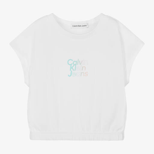 Calvin Klein-Girls White Cotton T-Shirt | Childrensalon