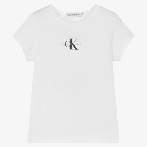 Calvin Klein-Girls White Cotton T-Shirt | Childrensalon