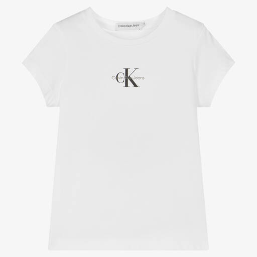 Calvin Klein-تيشيرت قطن جيرسي لون أبيض للبنات | Childrensalon