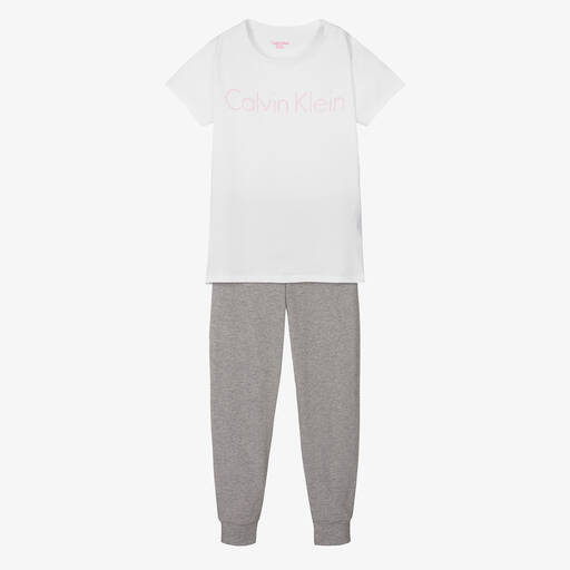 Calvin Klein-Girls White & Grey Cotton Logo Pyjamas | Childrensalon