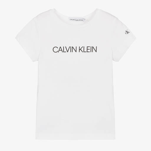 Calvin Klein Jeans-Girls White Organic Cotton Logo T-Shirt | Childrensalon