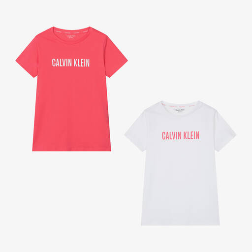 Calvin Klein-Girls White & Pink Cotton T-Shirts (2 Pack) | Childrensalon
