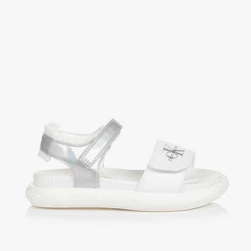 Calvin Klein-Girls White & Silver Velcro Sandals | Childrensalon