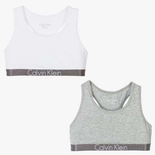 Calvin Klein-Grey & White Cotton Bra Tops (2 Pack) | Childrensalon