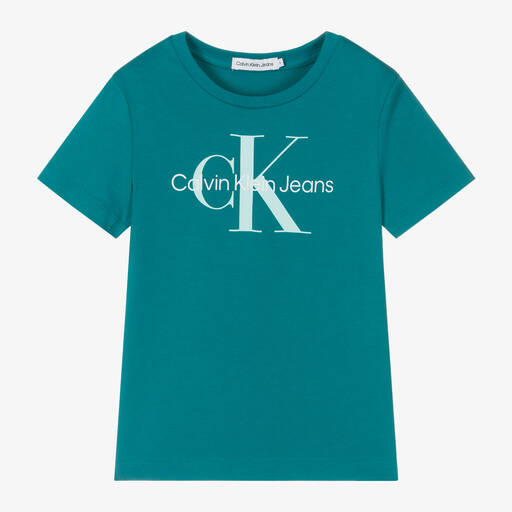 Calvin Klein-Teal Blue Monogram Cotton T-Shirt | Childrensalon