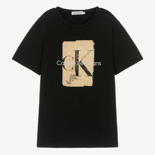 Calvin Klein-T-shirt noir en coton à monogramme | Childrensalon
