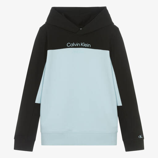 Calvin Klein-Sweat à capuche bleu et noir en coton | Childrensalon