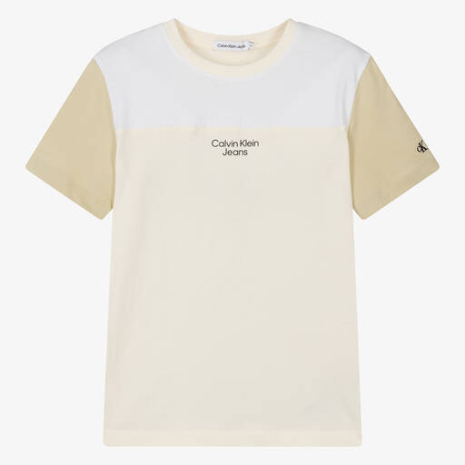 Calvin Klein-تيشيرت قطن بألوان بلوك عاجي وبيج للمراهقين | Childrensalon