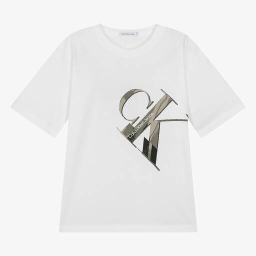Calvin Klein-Teen Boys White Cotton Monogram T-Shirt | Childrensalon