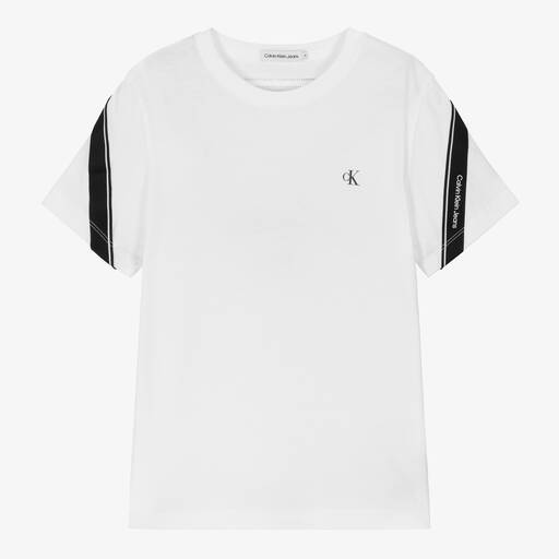 Calvin Klein-Teen Boys White Cotton Taped T-Shirt | Childrensalon