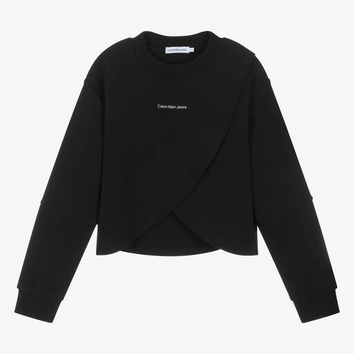 Calvin Klein-Teen Girls Black Cotton Crossover Sweatshirt | Childrensalon