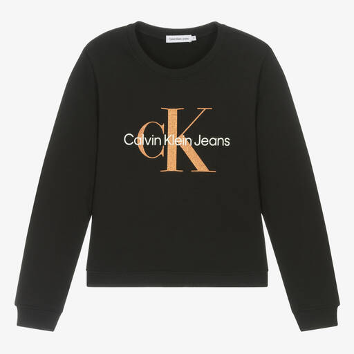 Calvin Klein-سويتشيرت تينز بناتي بطبعة مونوغرام قطن أسود | Childrensalon