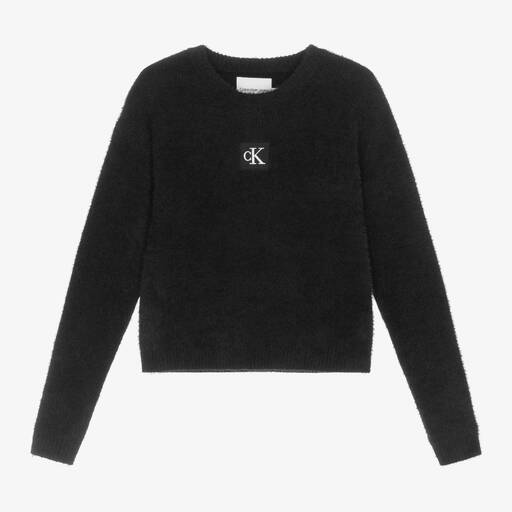 Calvin Klein-Teen Girls Black Fluffy Monogram Sweater  | Childrensalon