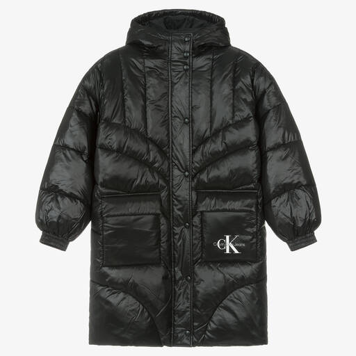 Calvin Klein-Teen Girls Black Monogram Puffer Coat | Childrensalon