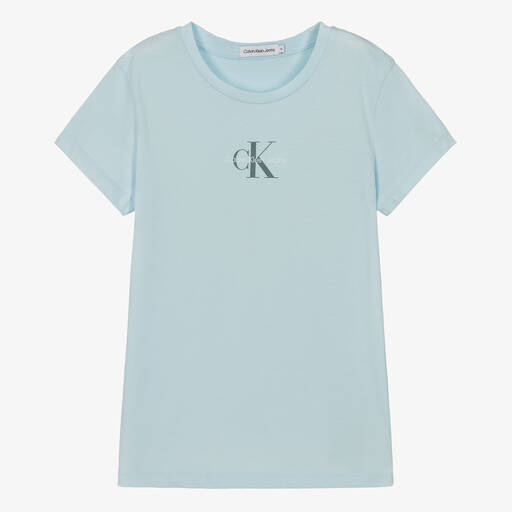 Calvin Klein-Teen Girls Blue Cotton Monogram T-Shirt | Childrensalon