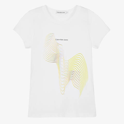 Calvin Klein-Teen Girls White Cotton Graphic Print T-Shirt | Childrensalon