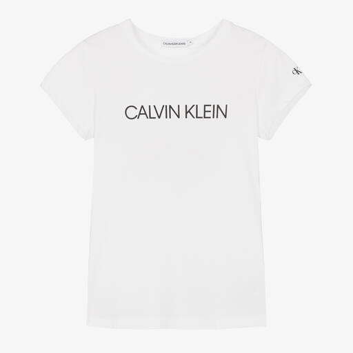 Calvin Klein Jeans-Белая хлопковая футболка с логотипом для девочек-подростков | Childrensalon