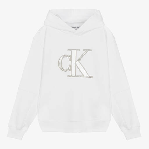 Calvin Klein-توب هودي بطبعة مونوغرام قطن جيرسي لون أبيض | Childrensalon