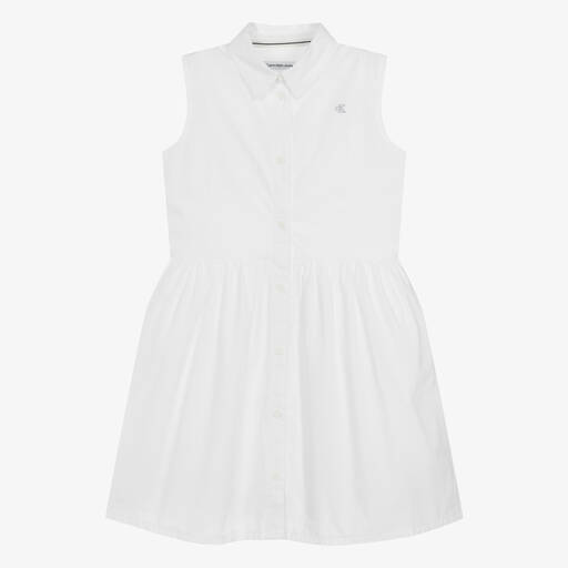 Calvin Klein- فستان قميص قطن لون أبيض  | Childrensalon