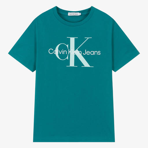 Calvin Klein-Teen Teal Blue Cotton Monogram T-Shirt | Childrensalon