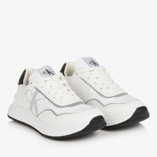Calvin Klein-Teen White Faux Leather Lace-Up Trainers | Childrensalon