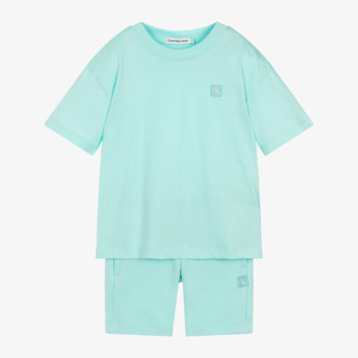 Calvin Klein-Turquoise Blue Cotton Jersey Shorts Set | Childrensalon