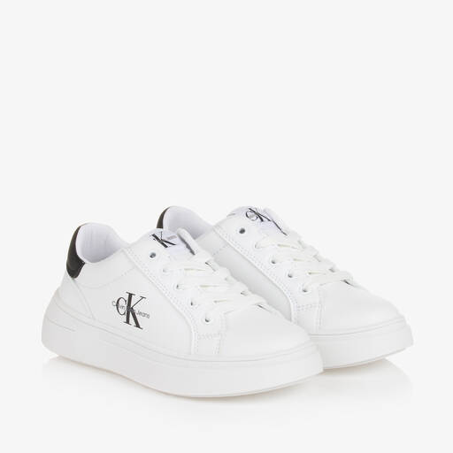 Calvin Klein-White Faux Leather Lace-Up Trainers | Childrensalon