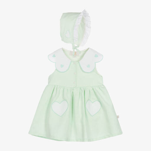 Caramelo Kids-طقم فستان قطن وكتان لون أخضر فاتح للمولودات | Childrensalon