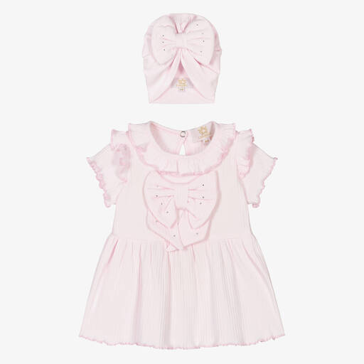 Caramelo Kids-Розовое платье с бантиками и чепчик из хлопка | Childrensalon