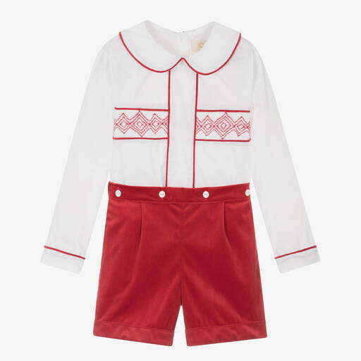 Caramelo Kids-Boys Ivory & Red Velvet Buster Suit | Childrensalon