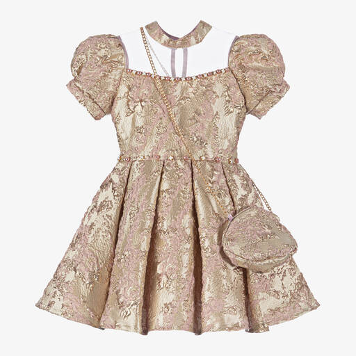 Caramelo Kids-Girls Gold & Pink Jacquard Dress Set | Childrensalon