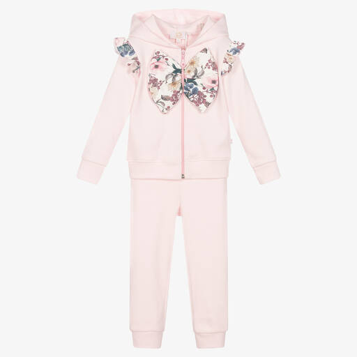 Caramelo Kids-Girls Pink Cotton Floral Bow Tracksuit | Childrensalon