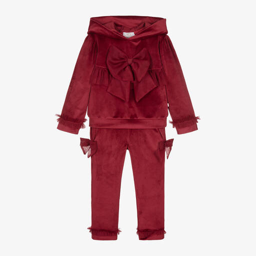 Caramelo Kids-Girls Red Velour & Tulle Bow Tracksuit | Childrensalon