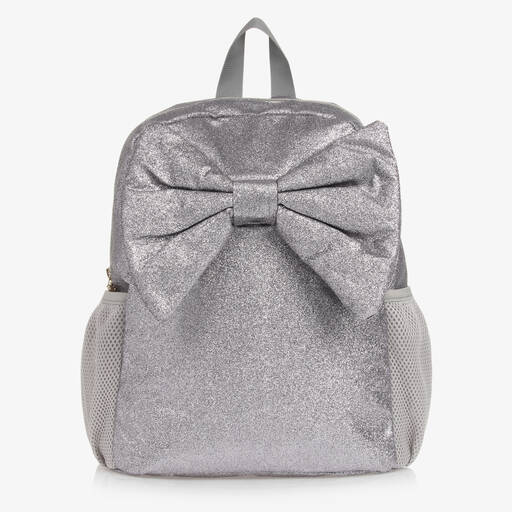 Caramelo Kids-Girls Silver Glitter Bow Backpack (35cm) | Childrensalon