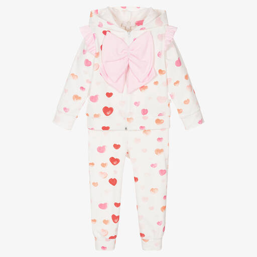 Caramelo Kids-Girls White Cotton Heart Print Tracksuit | Childrensalon