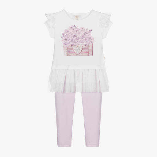 Caramelo Kids-Белая футболка и фиолетовые легинсы из хлопка для девочек | Childrensalon