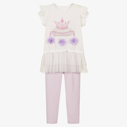Caramelo Kids-Girls White & Purple Crown Leggings Set | Childrensalon