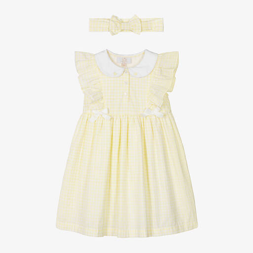 Caramelo Kids-Girls Yellow Cotton Gingham Dress Set | Childrensalon