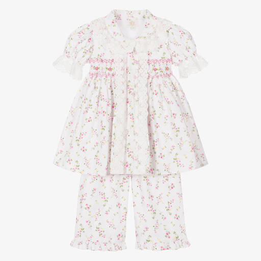 Caramelo Kids-Weißer, gesmokter Blumen-Schlafanzug | Childrensalon