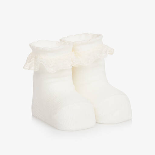 Carlomagno-Baby Girls Ivory Cotton Frilly Socks | Childrensalon