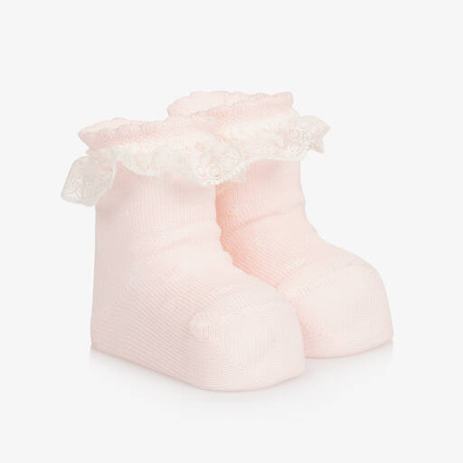 Carlomagno-Baby Girls Pink Cotton Frilly Socks | Childrensalon