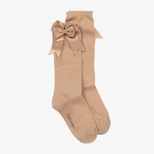 Carlomagno-Girls Beige Cotton Knee Length Socks   | Childrensalon