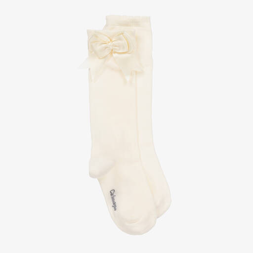 Carlomagno-Girls Ivory Cotton Knee Length Socks  | Childrensalon
