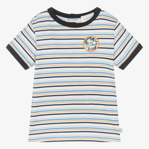 Carrément Beau-Boys White & Blue Striped Cotton T-Shirt | Childrensalon
