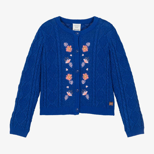 Carrément Beau-Girls Blue Cotton Embroidered Cardigan | Childrensalon