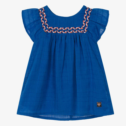 Carrément Beau-Girls Blue Embroidered Cotton Dress | Childrensalon