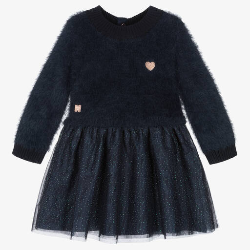 Carrément Beau-Girls Blue Knit & Glittery Tulle Dress | Childrensalon