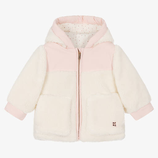 Carrément Beau-Girls Ivory & Pink Teddy Fleece Coat | Childrensalon
